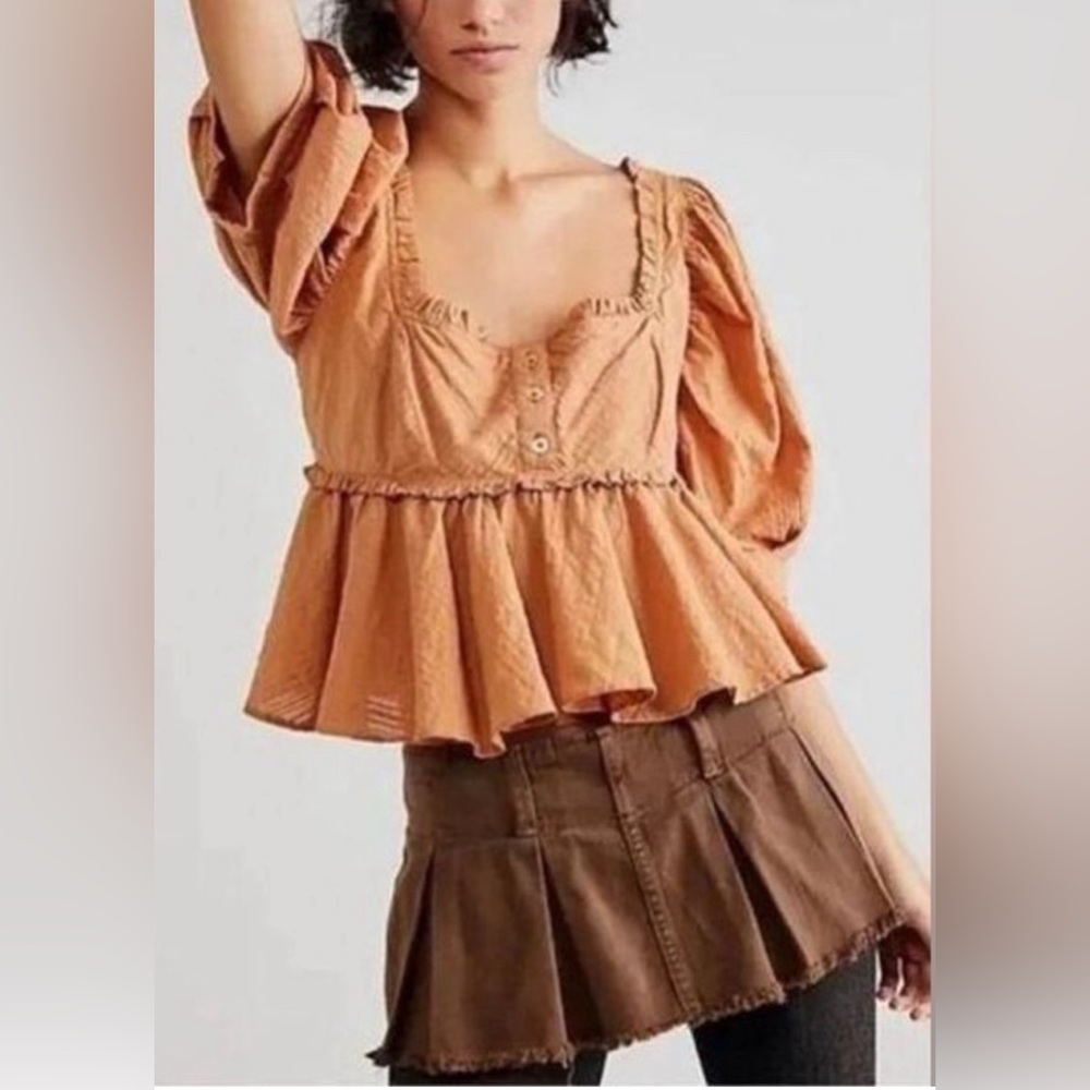 NWOT Free People NEW Leave It To Me Top Camel Cropped Babydoll Blouse